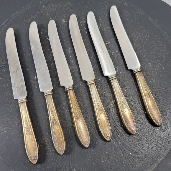 Vintage Insico Silver Plate Handles Stainless Flatware Set of Six Dinner Knifes - Picture 1 of 6